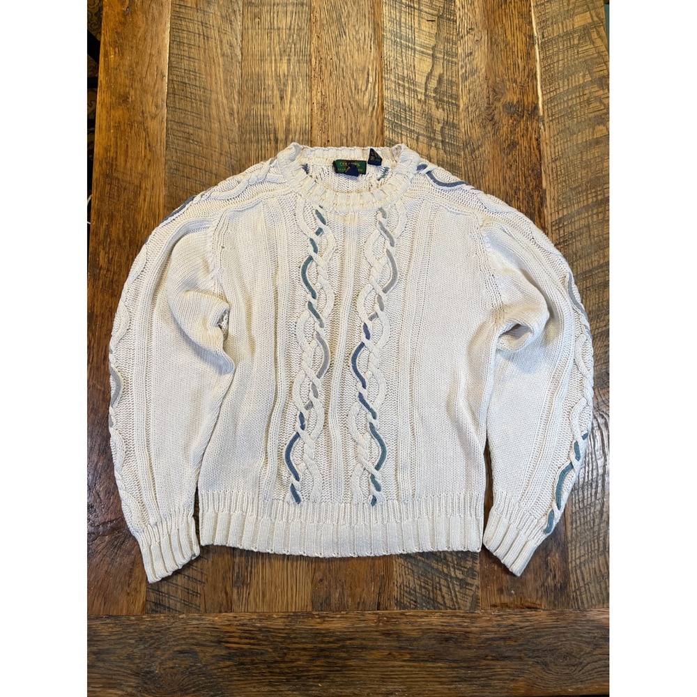 Vintage‎ Cable Knit Sweater Cream Blue Braided Detail Crew Neck Women's